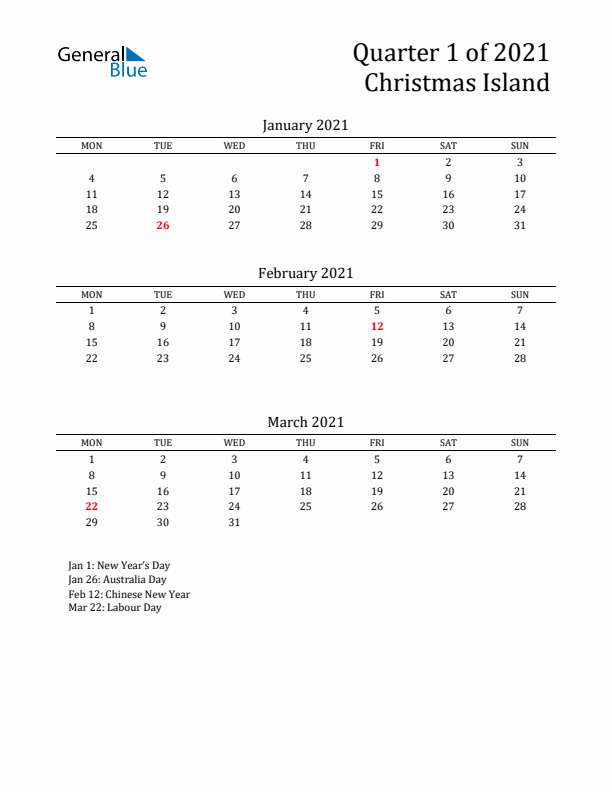 Quarter 1 2021 Christmas Island Quarterly Calendar