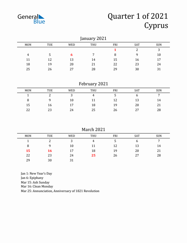 Quarter 1 2021 Cyprus Quarterly Calendar