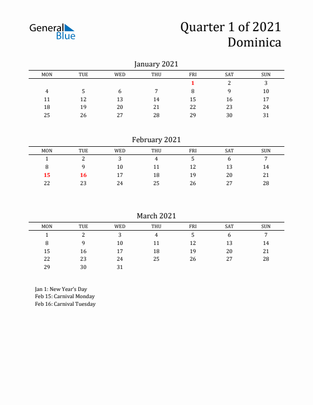 Quarter 1 2021 Dominica Quarterly Calendar