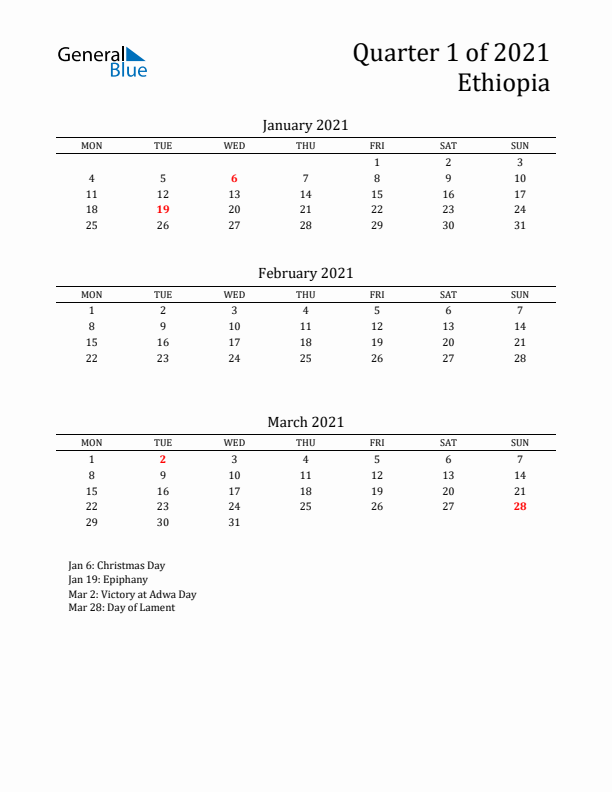 Quarter 1 2021 Ethiopia Quarterly Calendar