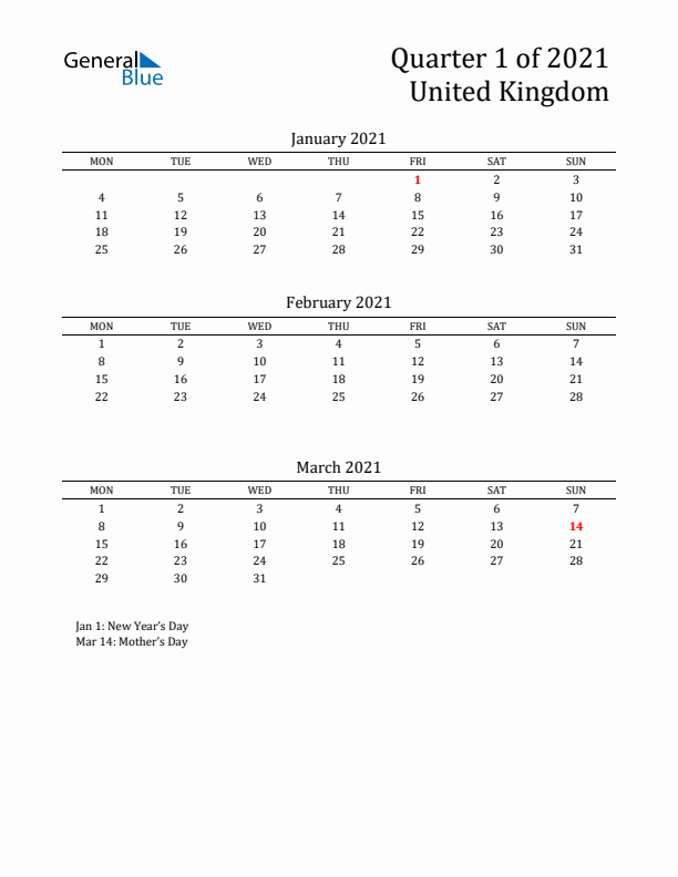 Quarter 1 2021 United Kingdom Quarterly Calendar