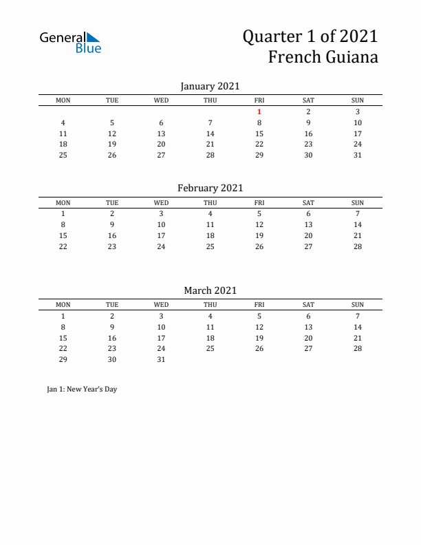 Quarter 1 2021 French Guiana Quarterly Calendar