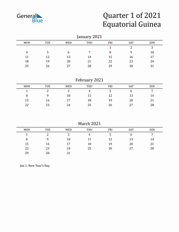 Quarter 1 2021 Equatorial Guinea Quarterly Calendar