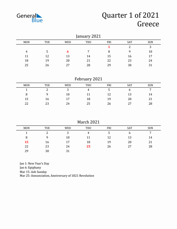 Quarter 1 2021 Greece Quarterly Calendar