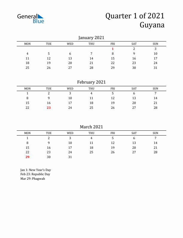 Quarter 1 2021 Guyana Quarterly Calendar