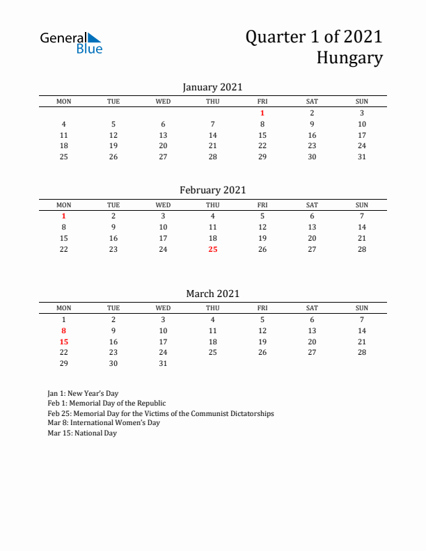 Quarter 1 2021 Hungary Quarterly Calendar