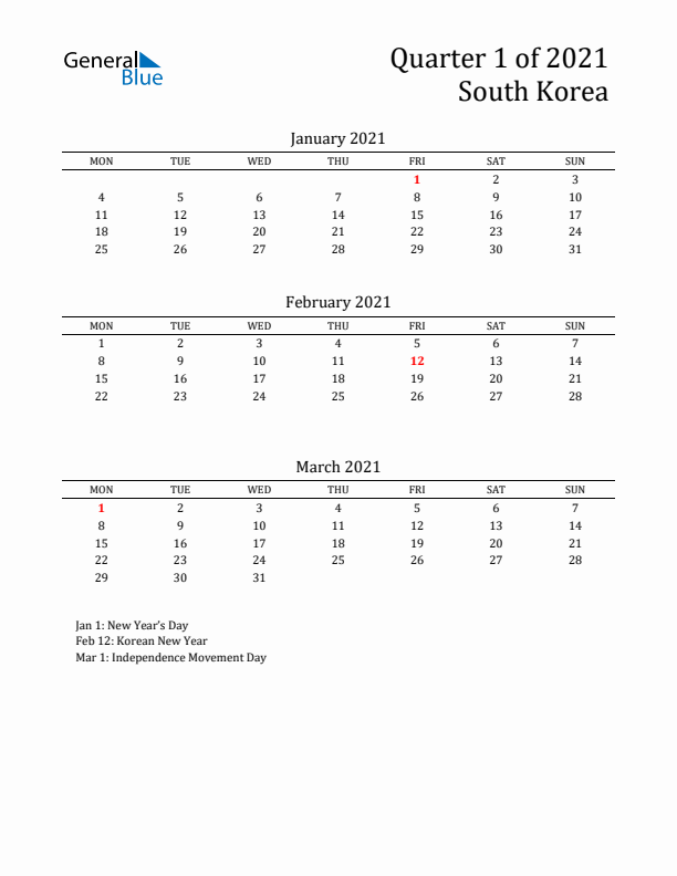 Quarter 1 2021 South Korea Quarterly Calendar