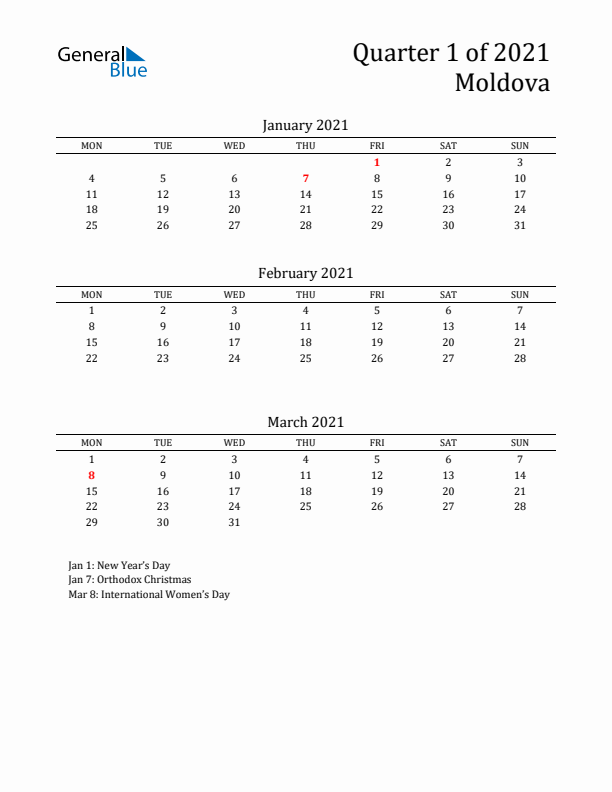 Quarter 1 2021 Moldova Quarterly Calendar