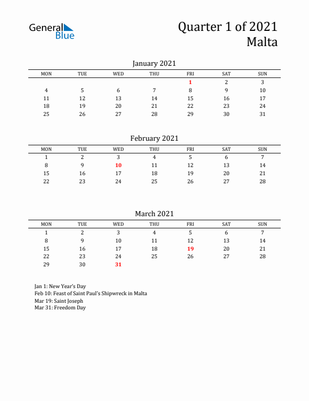 Quarter 1 2021 Malta Quarterly Calendar