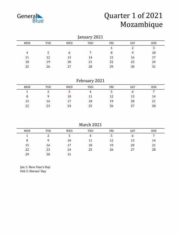 Quarter 1 2021 Mozambique Quarterly Calendar