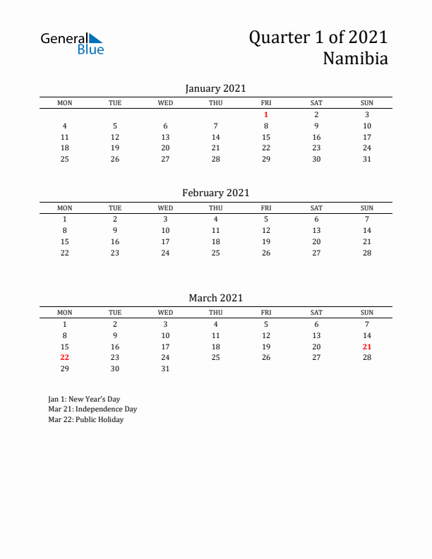 Quarter 1 2021 Namibia Quarterly Calendar