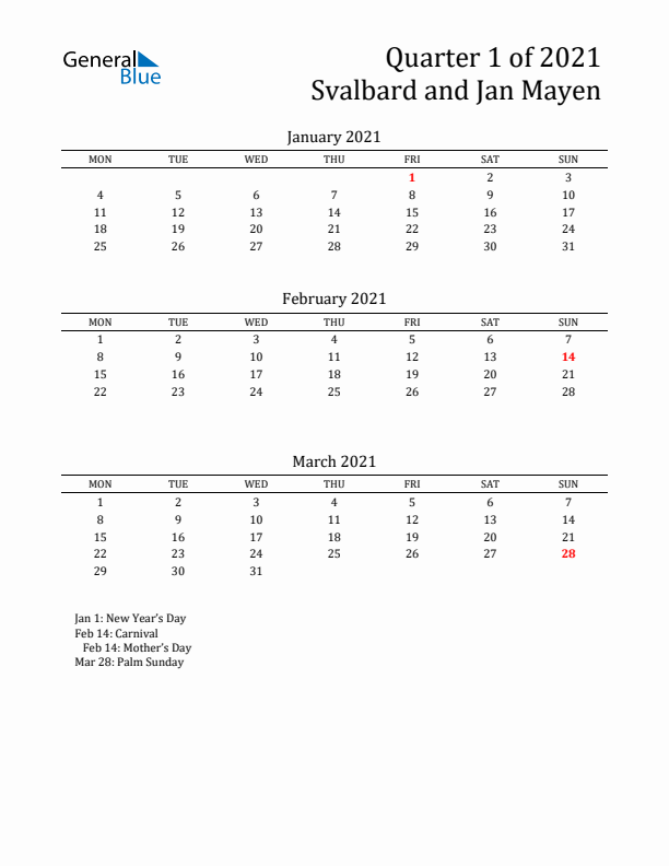 Quarter 1 2021 Svalbard and Jan Mayen Quarterly Calendar