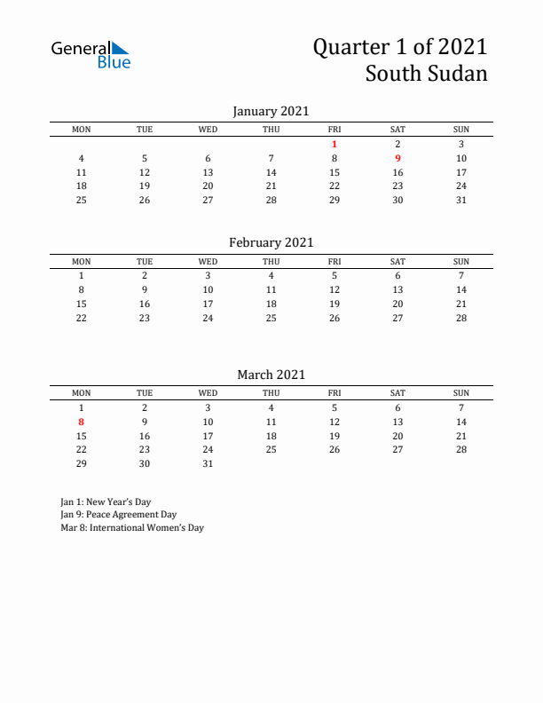 Quarter 1 2021 South Sudan Quarterly Calendar