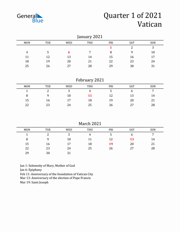 Quarter 1 2021 Vatican Quarterly Calendar