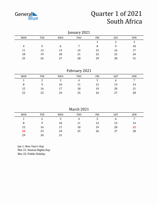 Quarter 1 2021 South Africa Quarterly Calendar