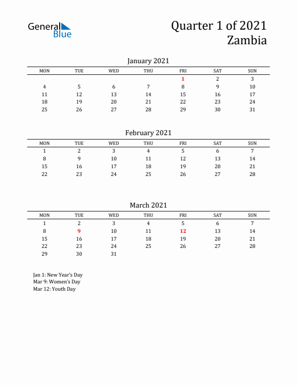 Quarter 1 2021 Zambia Quarterly Calendar