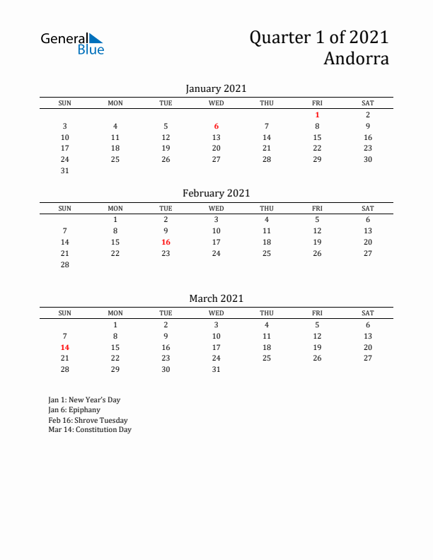 Quarter 1 2021 Andorra Quarterly Calendar