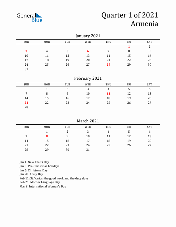 Quarter 1 2021 Armenia Quarterly Calendar