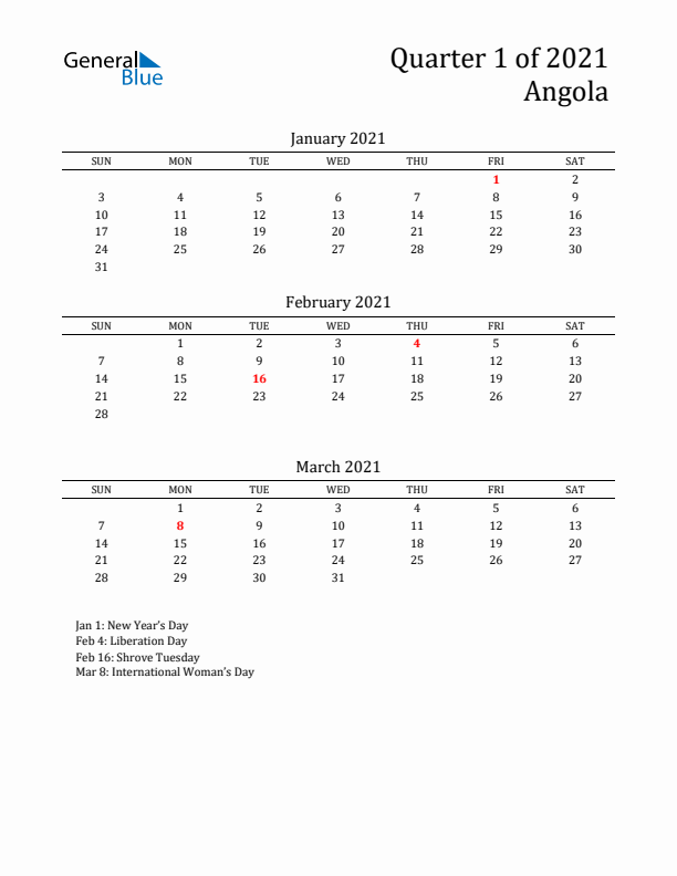 Quarter 1 2021 Angola Quarterly Calendar