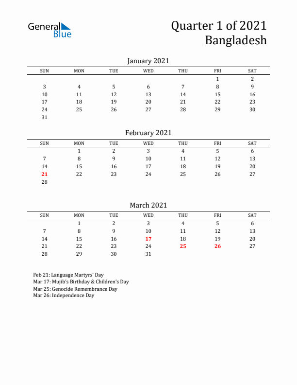 Quarter 1 2021 Bangladesh Quarterly Calendar