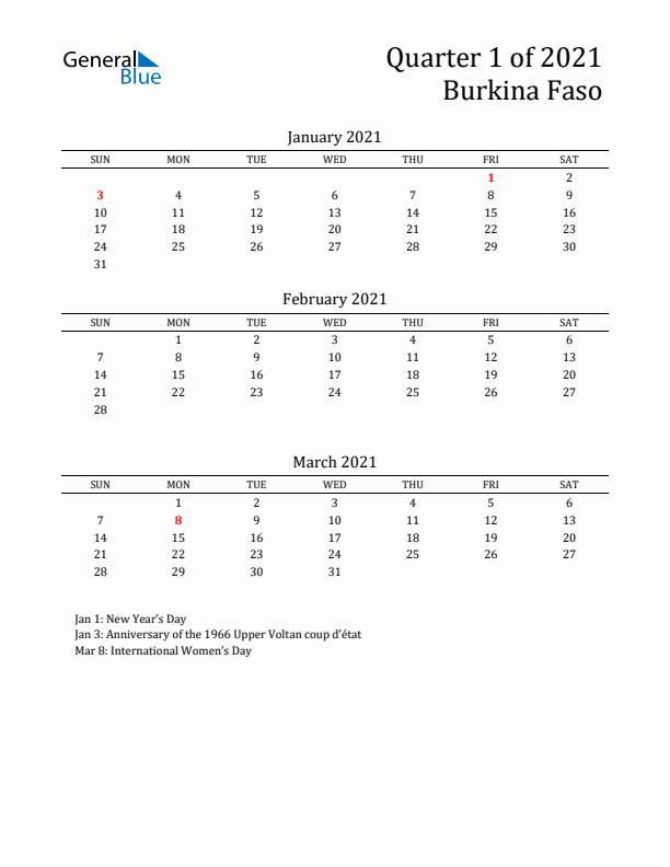 Quarter 1 2021 Burkina Faso Quarterly Calendar