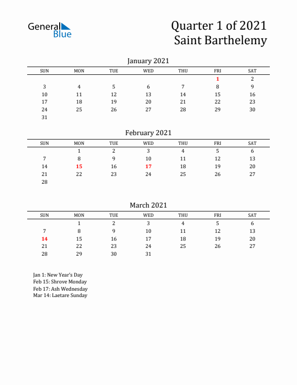 Quarter 1 2021 Saint Barthelemy Quarterly Calendar