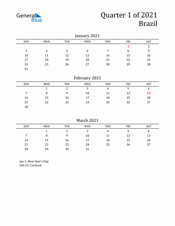 Quarter 1 2021 Brazil Quarterly Calendar