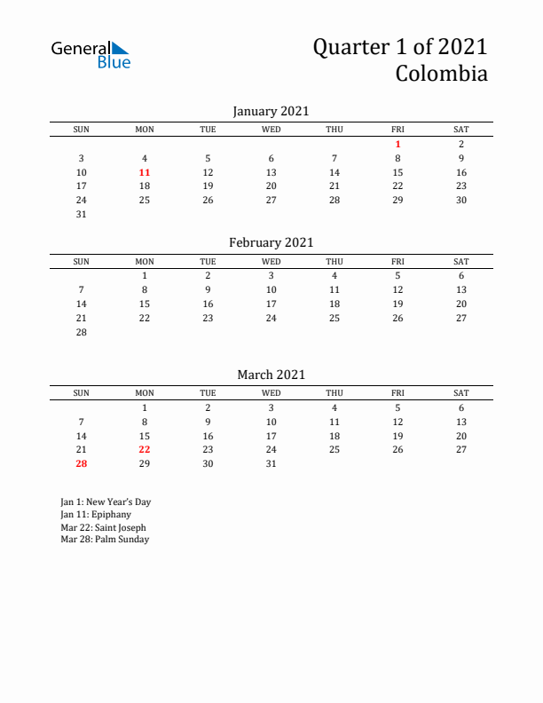 Quarter 1 2021 Colombia Quarterly Calendar