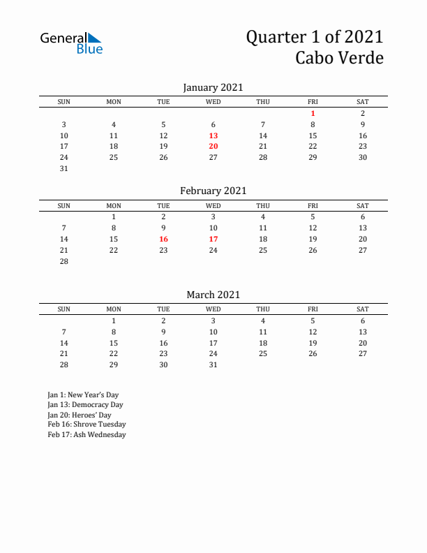 Quarter 1 2021 Cabo Verde Quarterly Calendar