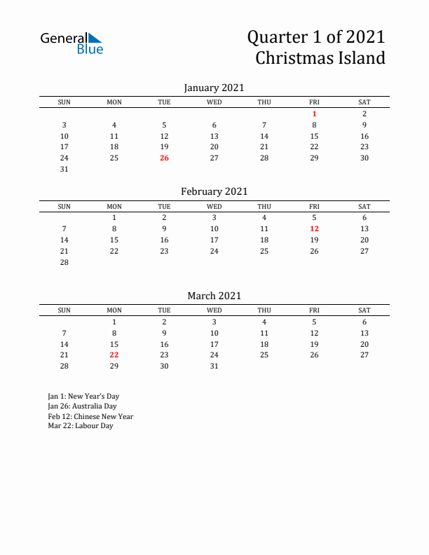 Quarter 1 2021 Christmas Island Quarterly Calendar