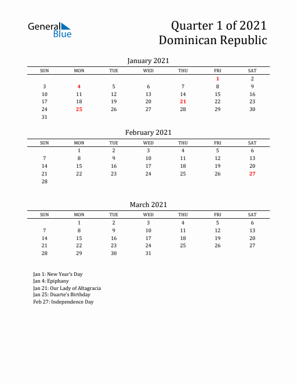 Quarter 1 2021 Dominican Republic Quarterly Calendar