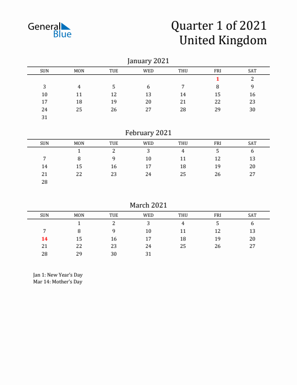 Quarter 1 2021 United Kingdom Quarterly Calendar