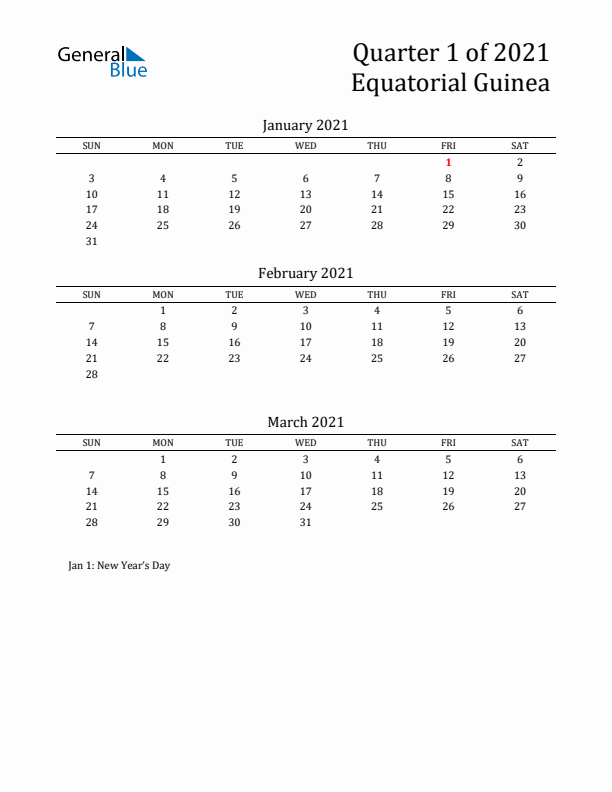 Quarter 1 2021 Equatorial Guinea Quarterly Calendar