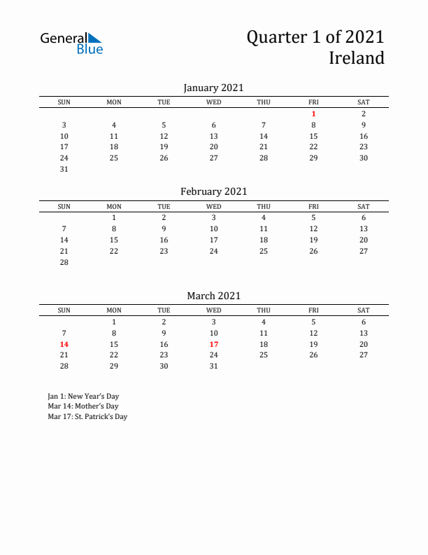 Quarter 1 2021 Ireland Quarterly Calendar