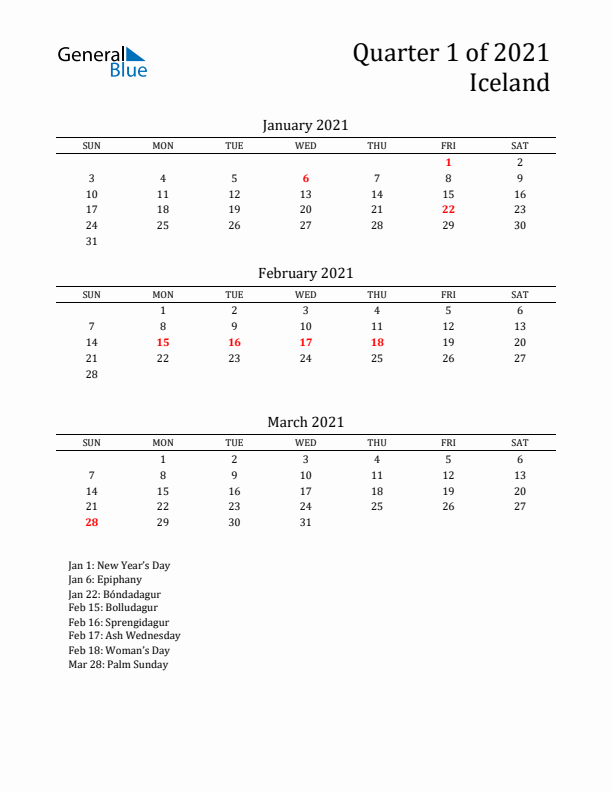 Quarter 1 2021 Iceland Quarterly Calendar