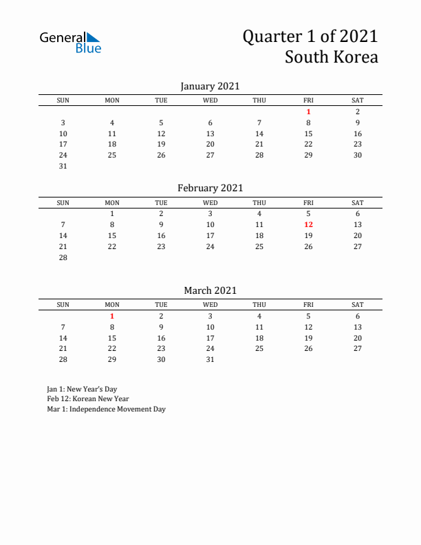 Quarter 1 2021 South Korea Quarterly Calendar