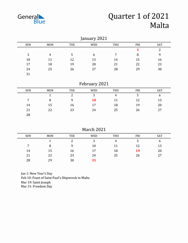 Quarter 1 2021 Malta Quarterly Calendar