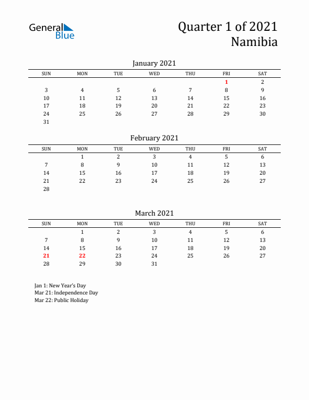 Quarter 1 2021 Namibia Quarterly Calendar