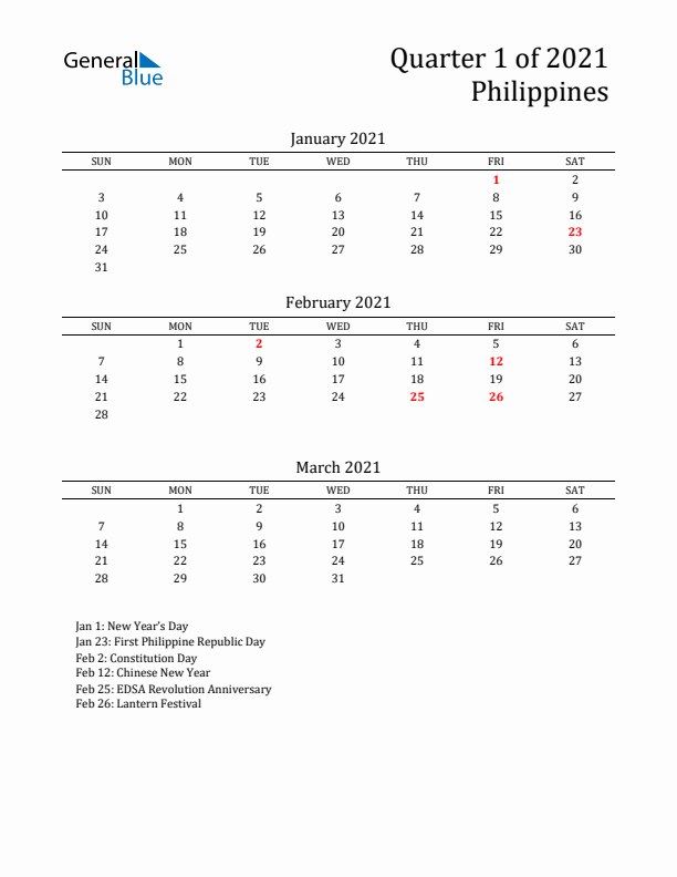 Quarter 1 2021 Philippines Quarterly Calendar