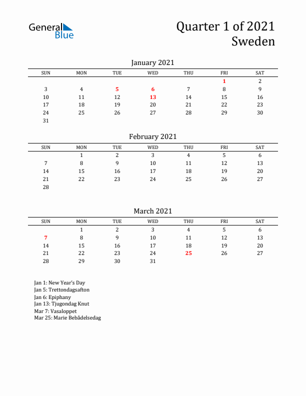 Quarter 1 2021 Sweden Quarterly Calendar