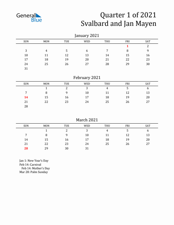 Quarter 1 2021 Svalbard and Jan Mayen Quarterly Calendar