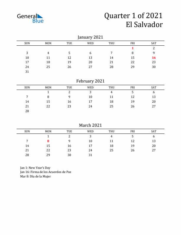 Quarter 1 2021 El Salvador Quarterly Calendar