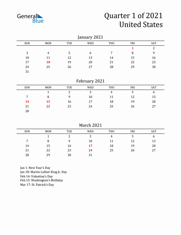 Quarter 1 2021 United States Quarterly Calendar