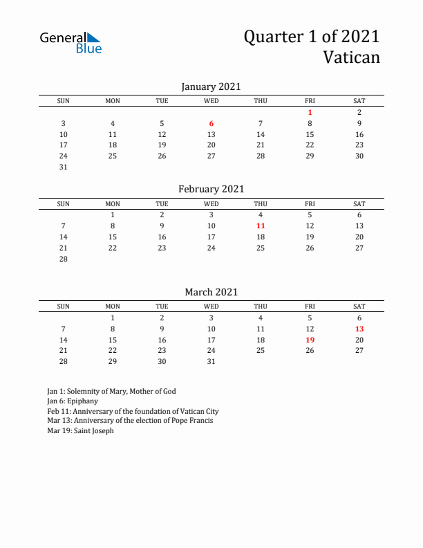 Quarter 1 2021 Vatican Quarterly Calendar