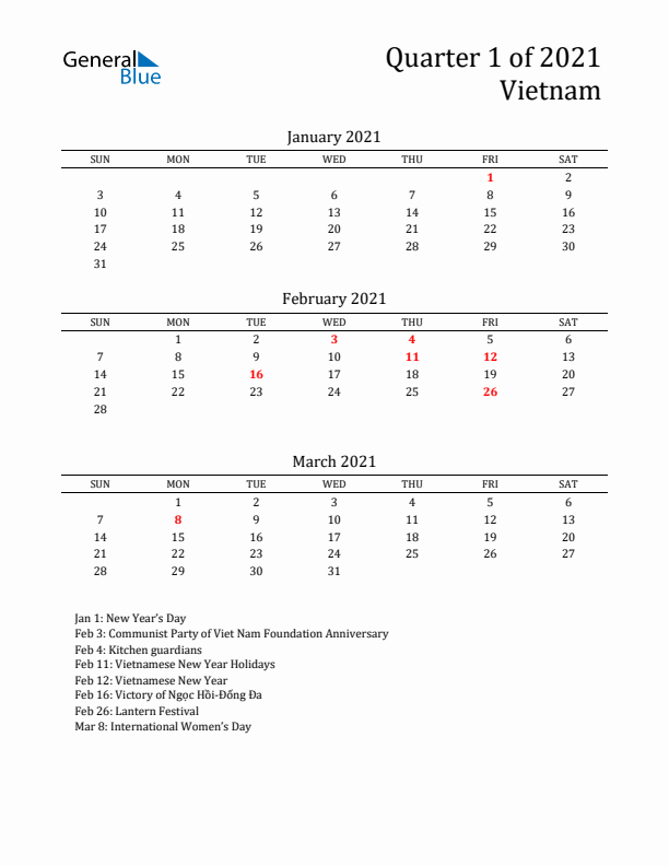 Quarter 1 2021 Vietnam Quarterly Calendar