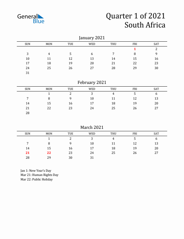 Quarter 1 2021 South Africa Quarterly Calendar