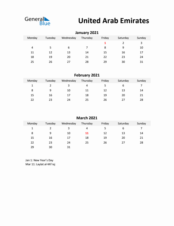 Printable Quarterly Calendar with Notes and United Arab Emirates Holidays- Q1 of 2021