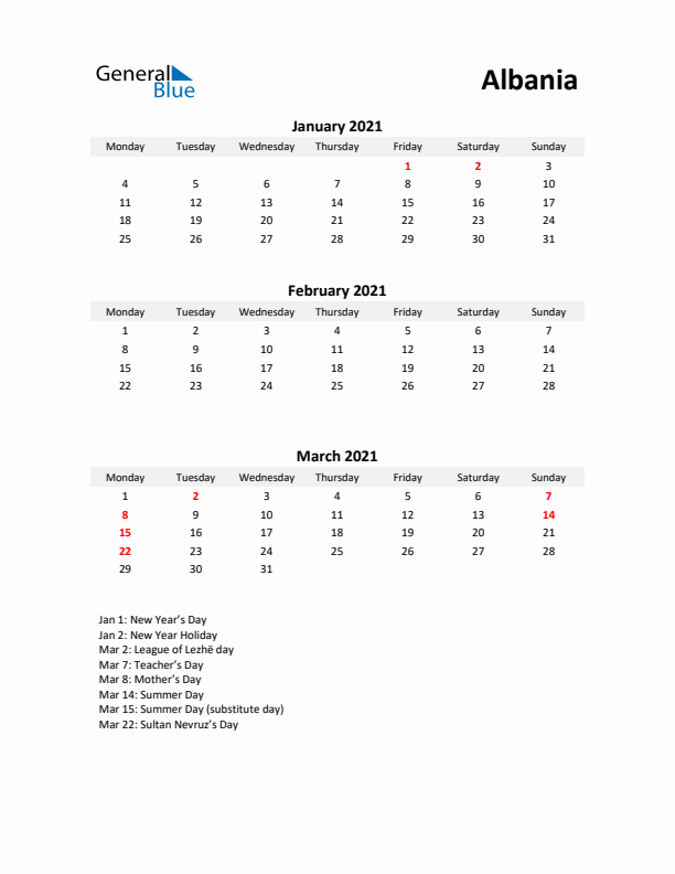 Printable Quarterly Calendar with Notes and Albania Holidays- Q1 of 2021