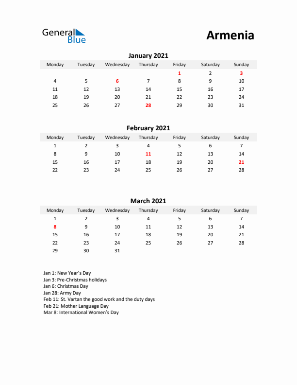 Printable Quarterly Calendar with Notes and Armenia Holidays- Q1 of 2021