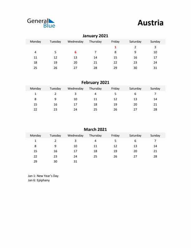 Printable Quarterly Calendar with Notes and Austria Holidays- Q1 of 2021